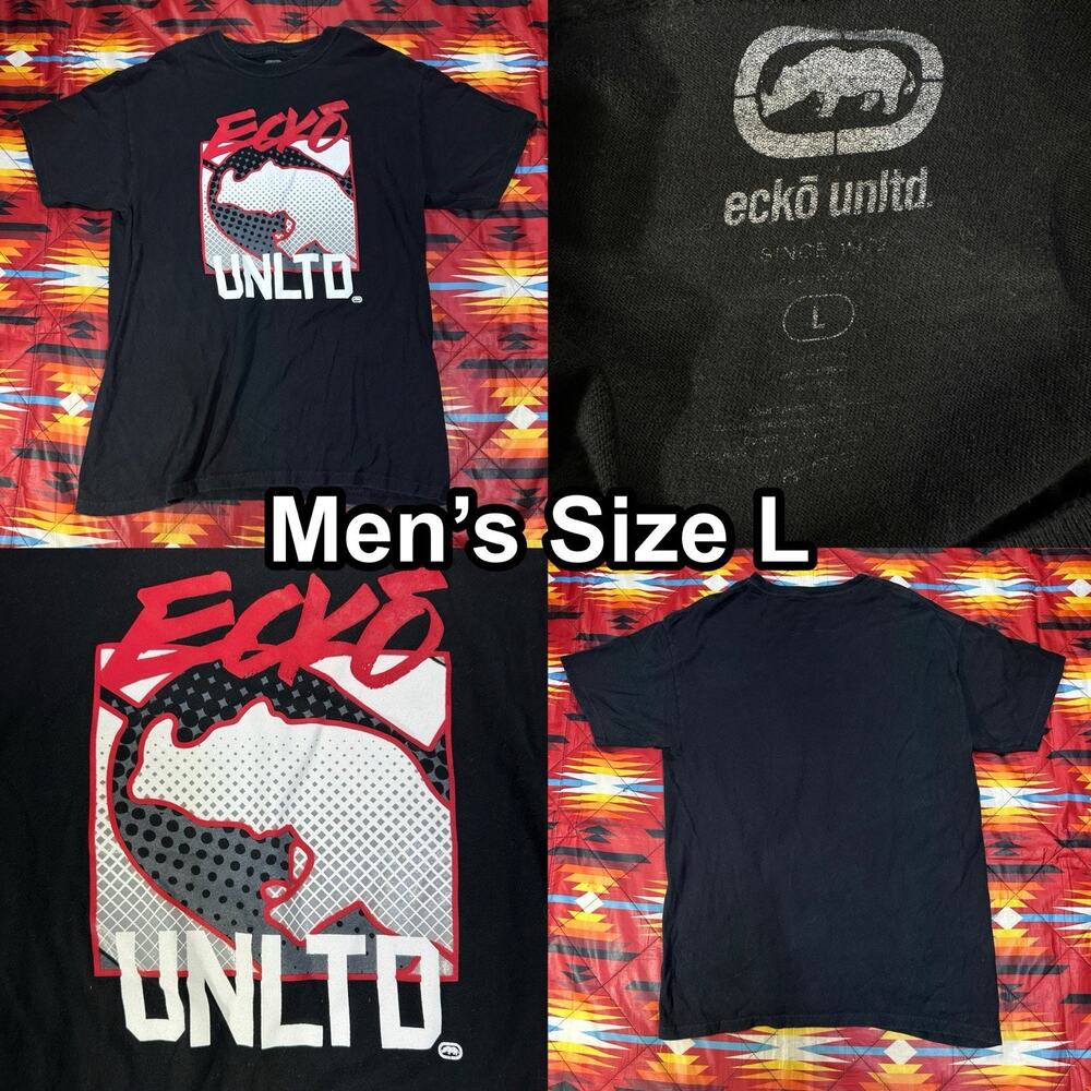 Y2K Ecko Unltd Black T-Shirt Rhino Graphic Logo Grunge Short Sleeve Men’s Large